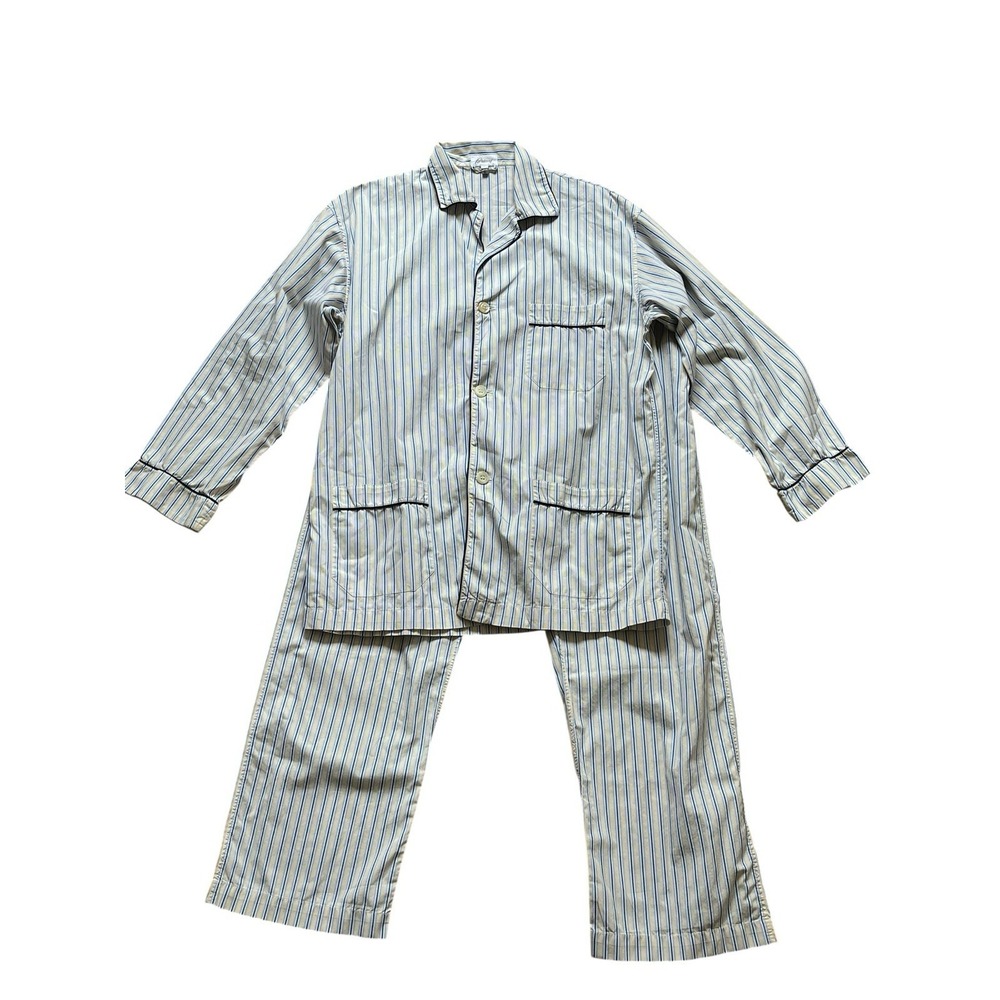 Brioni Blue Yellow Stripe 100% Cotton 2-Piece Pajama Set ITALY, Size Medium